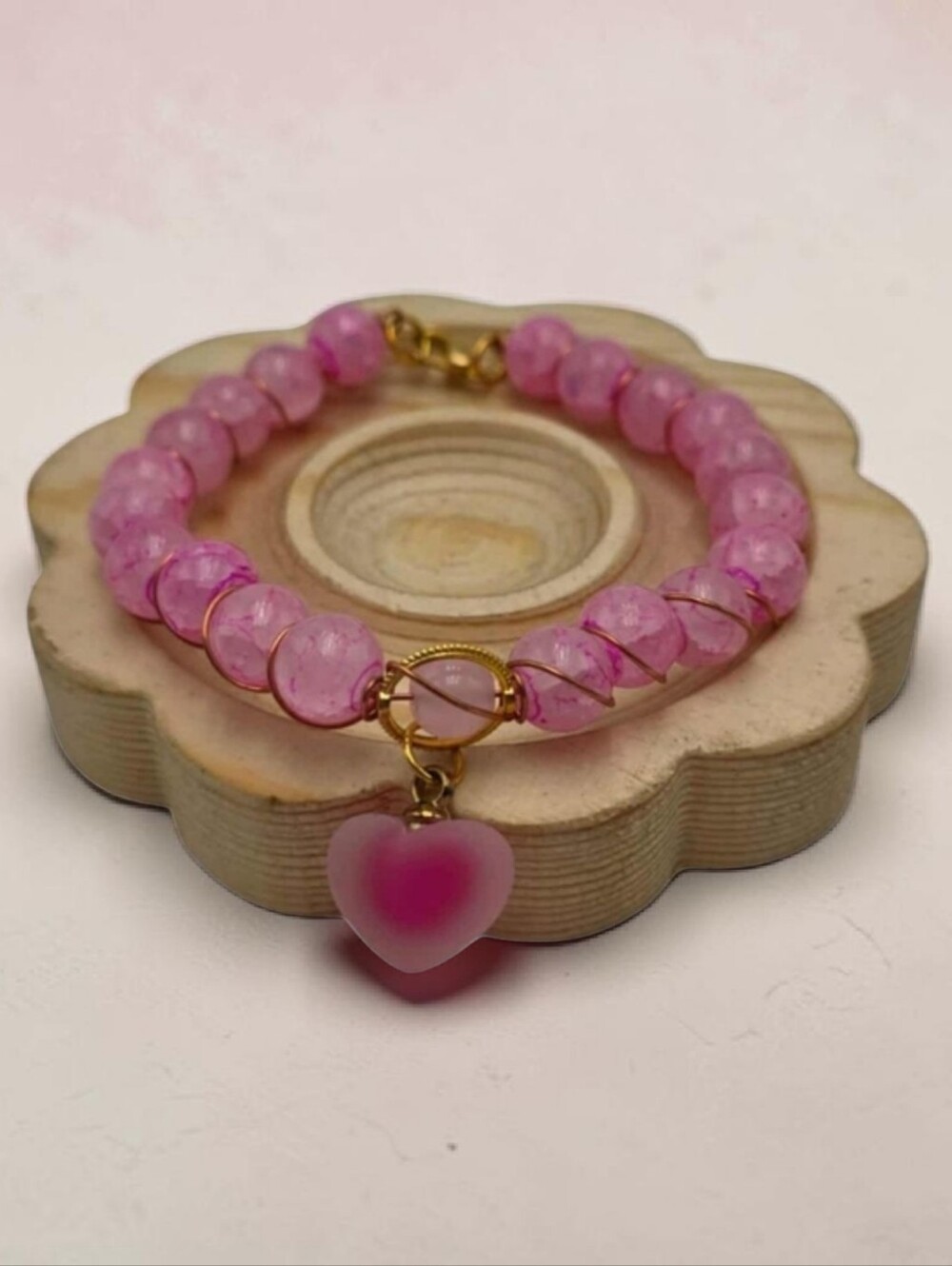Handmade wirewrapped Pink Heart Charm Bracelet